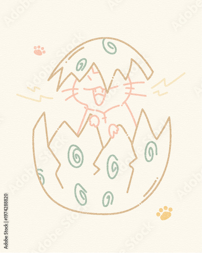 Cute hand drawn cat hatching from Easter egg in pastel tones on textured background. Kawaii minimal style with playful expression. Spring holiday concept, rebirth, joy, friendly illustration design.