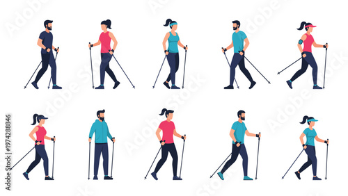Set of diverse people practices Nordic walking with poles showing proper technique and movement for outdoor fitness.