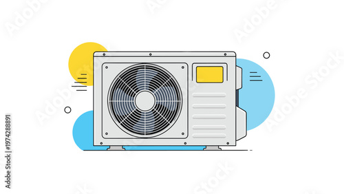 Modern air conditioning unit is illustrated in a flat line art style with decorative geometric shapes in the background.