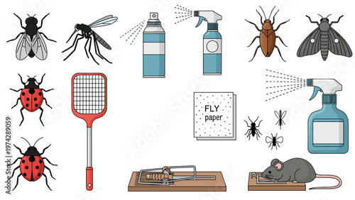 Comprehensive set of pest control symbols includes insects like cockroaches flies mosquitoes along with traps and sprays.