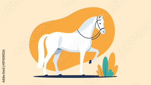 Elegant white horse with a dark harness walking gracefully across a light background with simplified orange and green shapes.