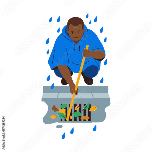 Man cleaning a clogged gutter on a rainy day with a long tool