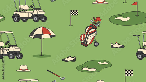 Seamless pattern illustration featuring various golf elements like carts, clubs, balls, shoes, umbrellas, and flags on a green background.