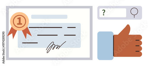 Certification, recognition, approval, search, verification, digital validation. A certificate with a ribbon, search bar and thumbs-up icon. Certification and recognition in professional achievements