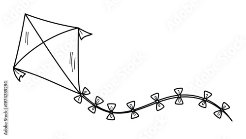 Simple black and white line drawing of a diamond shaped kite flying with a long tail decorated with small bows.