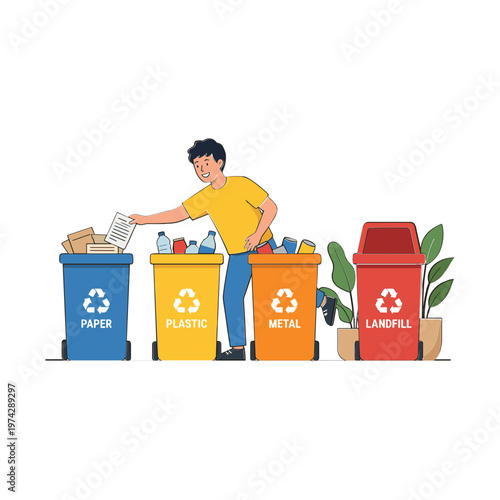Man sorting recyclables into colored bins for paper, plastic, metal, and landfill waste.