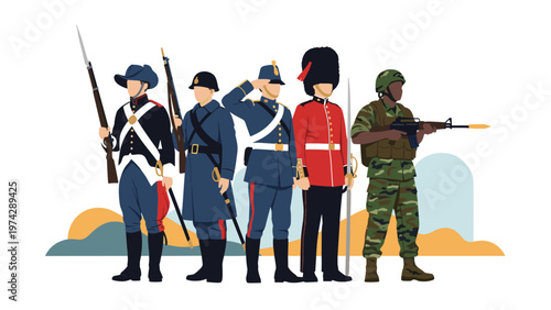 Group of soldiers representing different eras and nations including historical guards and a modern combat soldier with a rifle.
