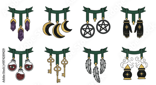 Mystical Symbols Banner Collection. Witchcraft Icons. Occult Graphics. Fantasy Elements.