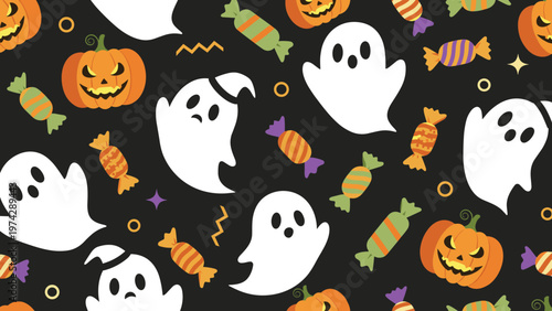 Festive Halloween seamless pattern featuring spooky white ghosts, carved orange pumpkins, and various colorful candies on a black background.
