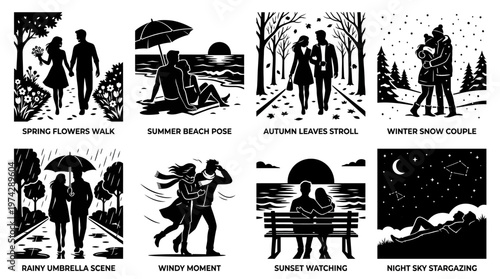 Romantic couple silhouette vector set across seasons and weather moods including spring, summer, autumn, winter, rain, wind, sunset, and stargazing