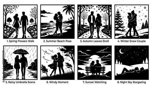 Romantic couple silhouette vector set across seasons and weather moods including spring, summer, autumn, winter, rain, wind, sunset, and stargazing