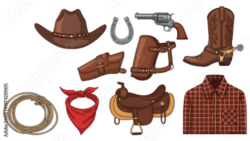Detailed set of cowboy and western themed items including a hat, boots, revolver, holster, saddle, rope, and a flannel shirt.