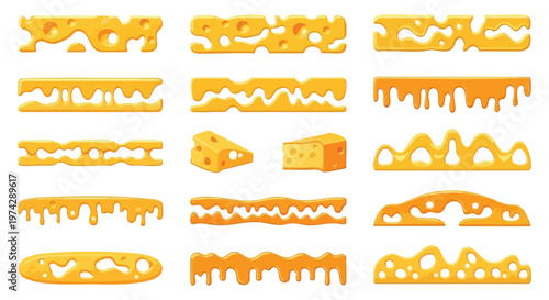 Cheese Borders and Slices. Delicious Dairy Elements. Realistic Food Graphics. Various Textures. Decorative Use.