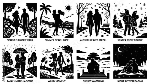 Romantic couple silhouette vector set across seasons and weather moods including spring, summer, autumn, winter, rain, wind, sunset, and stargazing