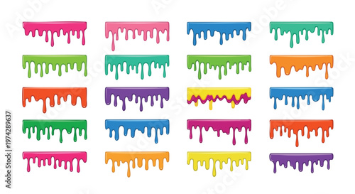 Colorful Drips Collection. Paint Splatter Elements. Liquid Slime Borders. Abstract Art Elements.