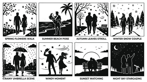 Romantic couple silhouette vector set across seasons and weather moods including spring, summer, autumn, winter, rain, wind, sunset, and stargazing