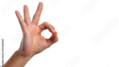 Billede på lærred Hand showing okay sign with three fingers raised  isolated on transparent backgr