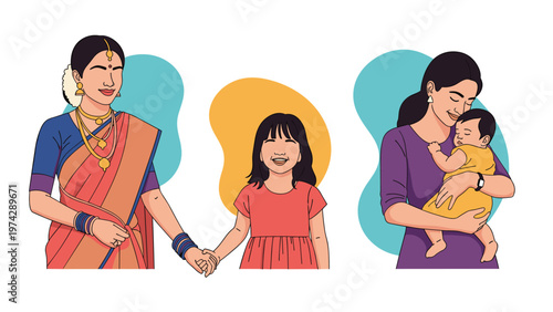Illustration showing scenes of an Indian mother holding her young daughter's hand and a mother cradling her sleeping infant.