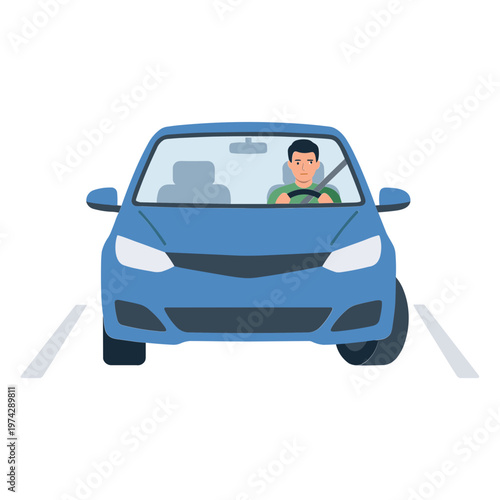 Man driving blue car on road with parking lines on sunny day