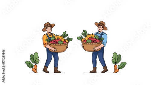 Two happy male farmers in overalls and hats carrying large wicker baskets overflowing with freshly harvested colorful vegetables.