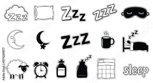 Sleep Icons Collection. Dream Symbols. Zzz. Moon. Sheep. Bed. Pillow. Alarm Clock. Medicine. Brick Wall. Sleep Mask. Coffee Cup. Sleepy. Doodle Style. Vector Graphics.