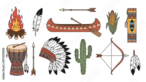 Set of traditional Native American items including a headdress, canoe, bow, arrow, drum, fire, and corn on a white background.