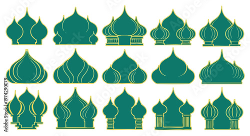 Russian Onion Domes Collection. Architectural Elements. Green and Gold. Vector Icons.
