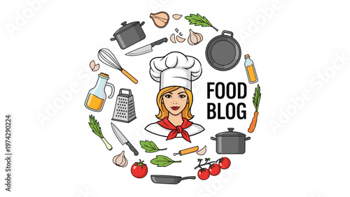 Food blog logo design featuring a female chef in a white hat surrounded by various cooking ingredients and kitchen tools in a circle.