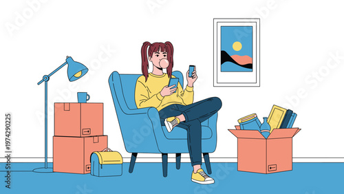 Young girl sitting in blue armchair using mobile phone surrounded by cardboard boxes during moving house process.