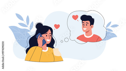 Happy young woman talking on smartphone while thinking about her romantic partner with heart icons symbolizing love.