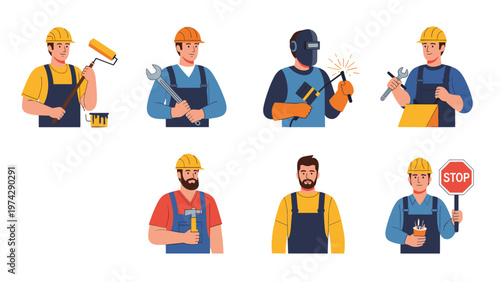 Diverse group of professional male construction workers and tradesmen wearing safety helmets and holding various tools.