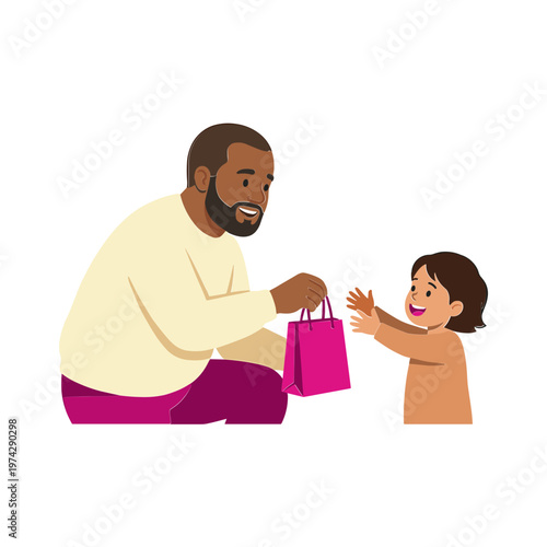 A man giving a gift bag to a little girl indoors with smiles