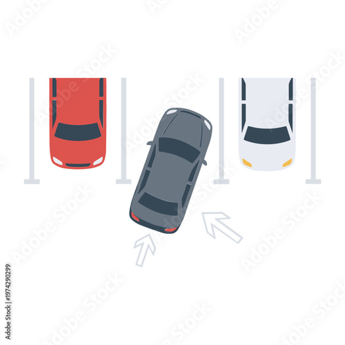 Cars are parked in a lot with one vehicle angled