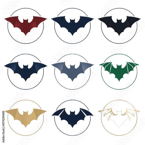 Collection of Elegant Bat Vector Icons and Halloween Logos in Circular Frames
