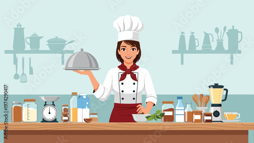 Professional female chef in white uniform and hat presenting a silver serving platter in a well-equipped kitchen.