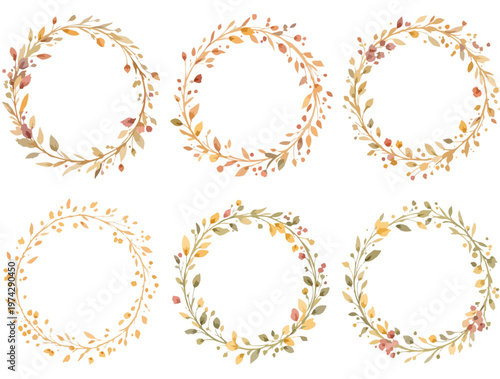 Elegant golden laurel wreath vector set with vintage floral circular frames and ornate decorative borders in a classic retro design