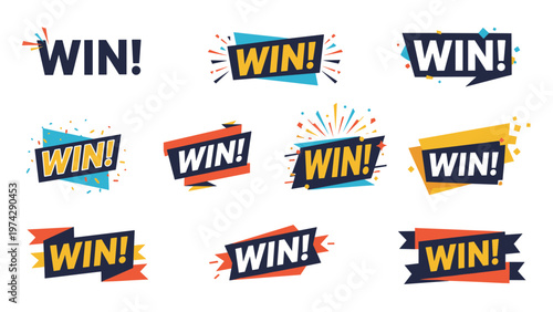 Collection of colorful geometric win badges and banners with exclamation marks for game victory or contest prize.
