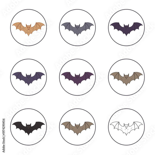 Set of Flying Bat Icons and Silhouette Illustrations in Circular Frames for Halloween