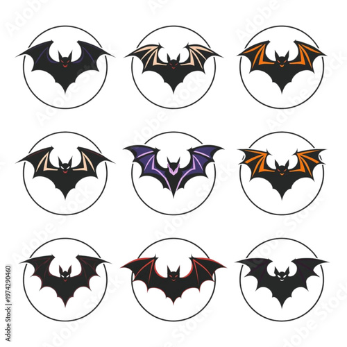 Collection of Spooky Bat Logos and Icons with Colorful Accents for Halloween Design