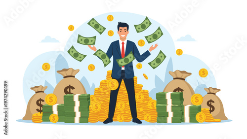 Successful businessman standing triumphantly on top of a large pile of gold coins and stacks of cash dollar bills.