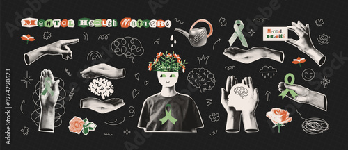 Trendy halftone collage Mental Health Matters elements set. Magazine paper cut out sticker Hands gestures, hold green ribbon, show, save, care, water. Vintage pop art texture, doodles. Retro vector.