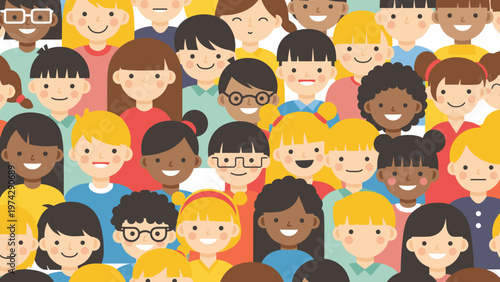 Large group of happy diverse children faces looking forward representing global unity, friendship, and childhood joy.