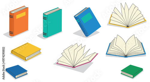 Isometric set of colorful books, featuring both open and closed volumes in various angles. This versatile collection includes stationery perfect for education, reading, and publishing concepts.