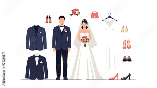 Wedding fashion set featuring a bride and groom in traditional attire surrounded by various dresses, suits, and shoes.