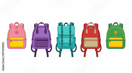 Colorful Backpack Vector Illustration | School Bag Icon Set | Stylish Travel Backpack Graphic | Modern Student Bag Design | Fashionable Luggage Vector Artwork