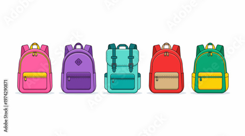 Colorful Backpack Vector Illustration | School Bag Icon Set | Stylish Travel Backpack Graphic | Modern Student Bag Design | Fashionable Luggage Vector Artwork