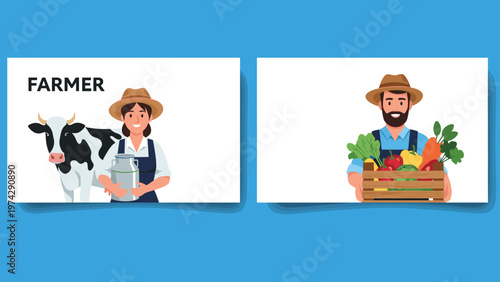 Agriculture themed banners featuring a female farmer with a cow and milk can, and a male farmer with a crate of vegetables.