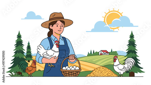 Happy female farmer in a hat holding a chicken and a basket of fresh eggs on a rural poultry farm landscape.