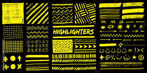 Assorted yellow highlighter markings and doodles form a vibrant pattern silhouette