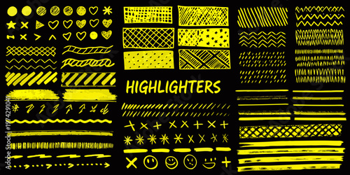 Collection of vibrant yellow highlighter strokes doodles and shapes silhouette